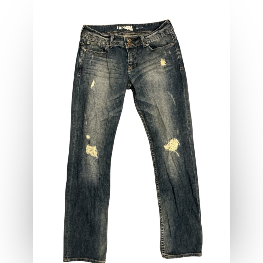 Express Boyfriend Relaxed Fit Distressed Jeans - Dark Blue
